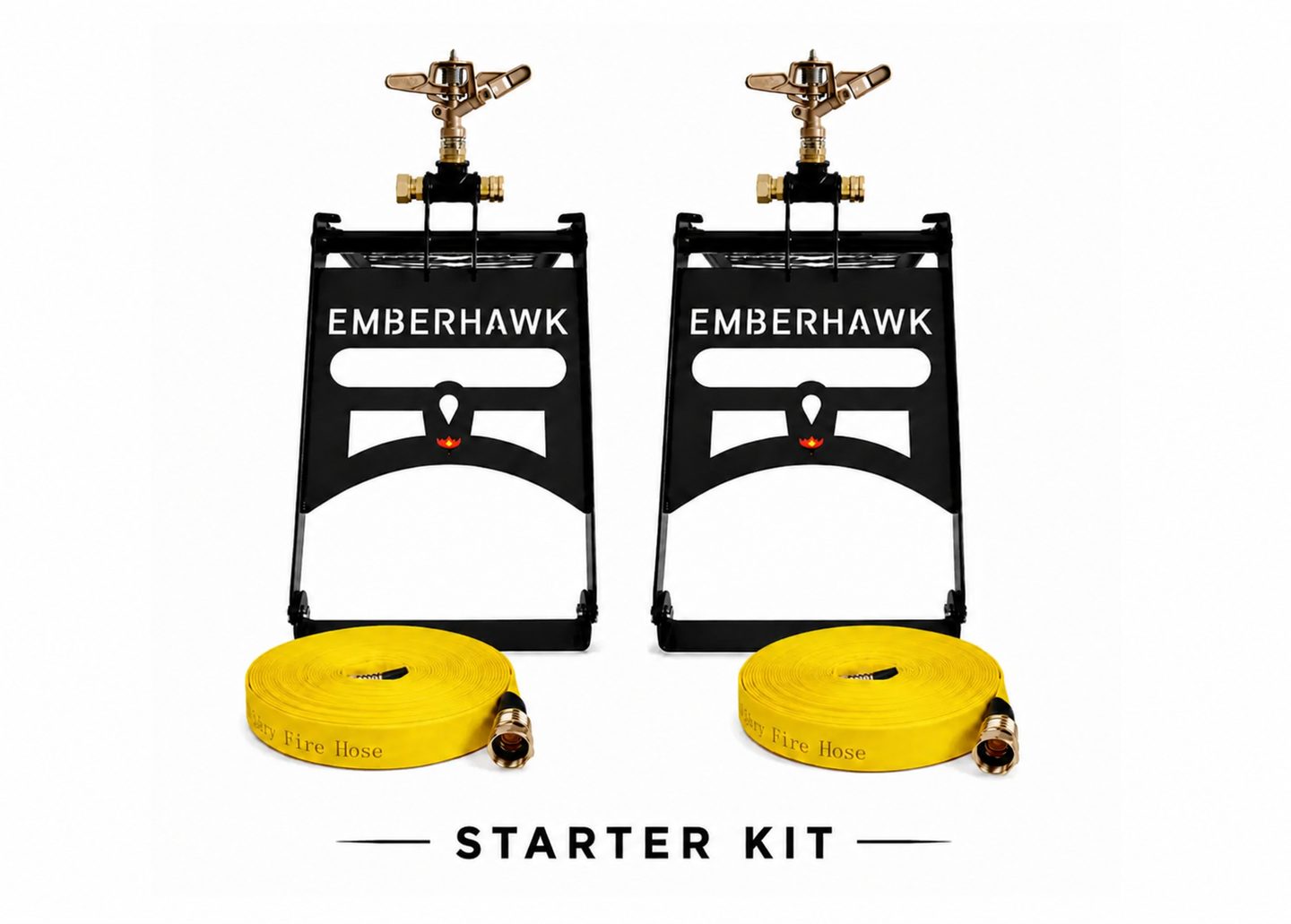 EmberHawk Starter Kit — two roof-mounted sprinklers with brass heads on black EmberHawk brackets, each with a coiled yellow fire hose