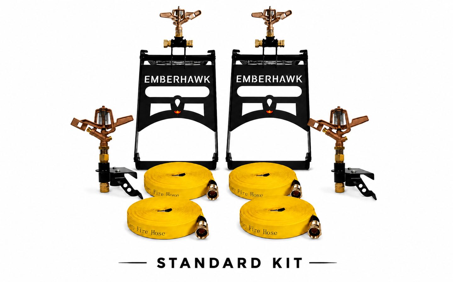 EmberHawk Standard Kit — two roof sprinklers on black EmberHawk brackets, two gutter-mounted sprinklers, and four coiled yellow fire hoses