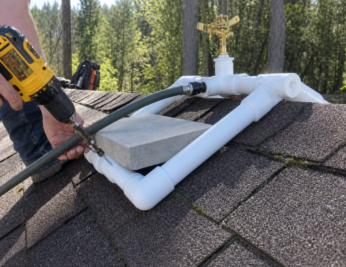PVC roof sprinkler weighted down with a concrete paver stone on a shingle roof