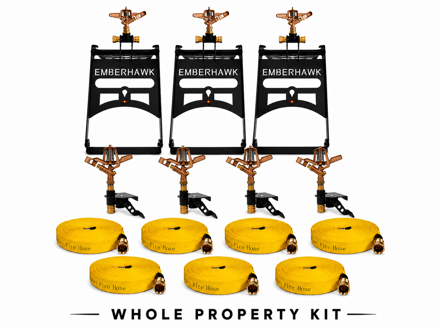 EmberHawk Whole-Property Kit — three roof sprinklers on black EmberHawk brackets, four gutter-mounted sprinklers, and seven coiled yellow fire hoses