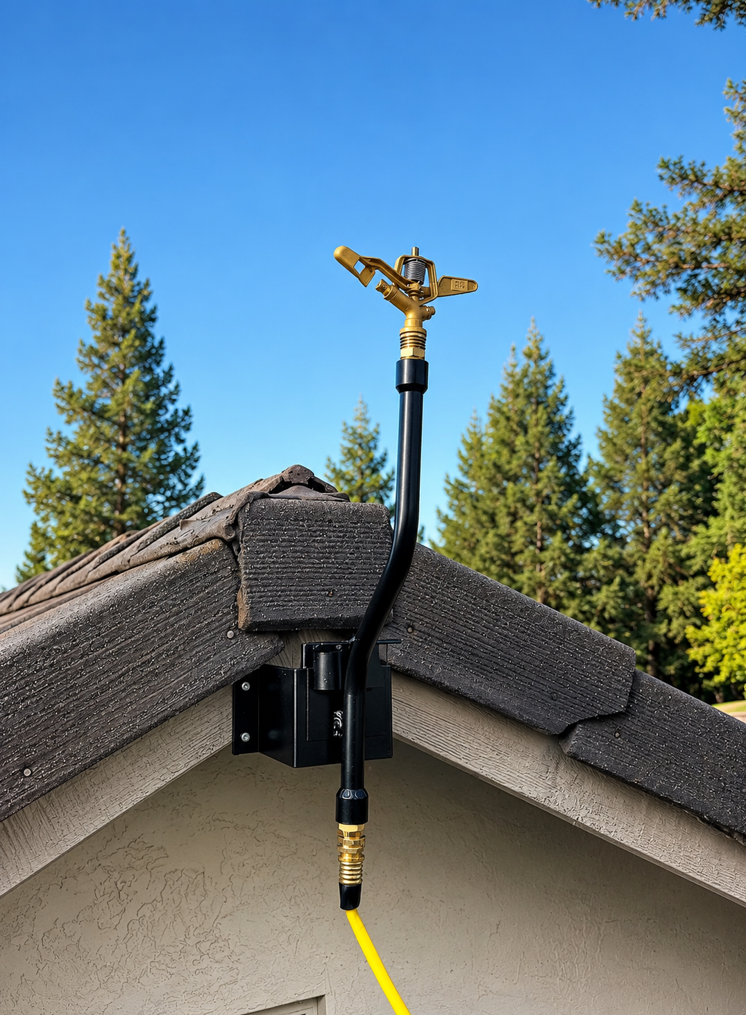 EmberHawk structure-mount sprinkler hooked onto its bracket at the roof peak fascia