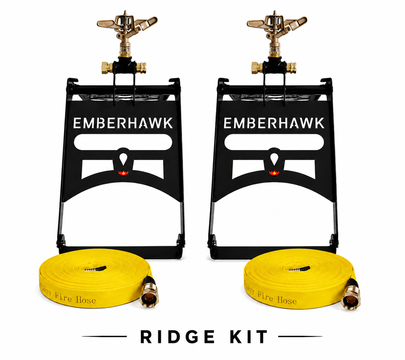 EmberHawk Ridge Kit — two roof-mounted sprinklers with brass heads on black EmberHawk brackets, each with a coiled yellow fire hose