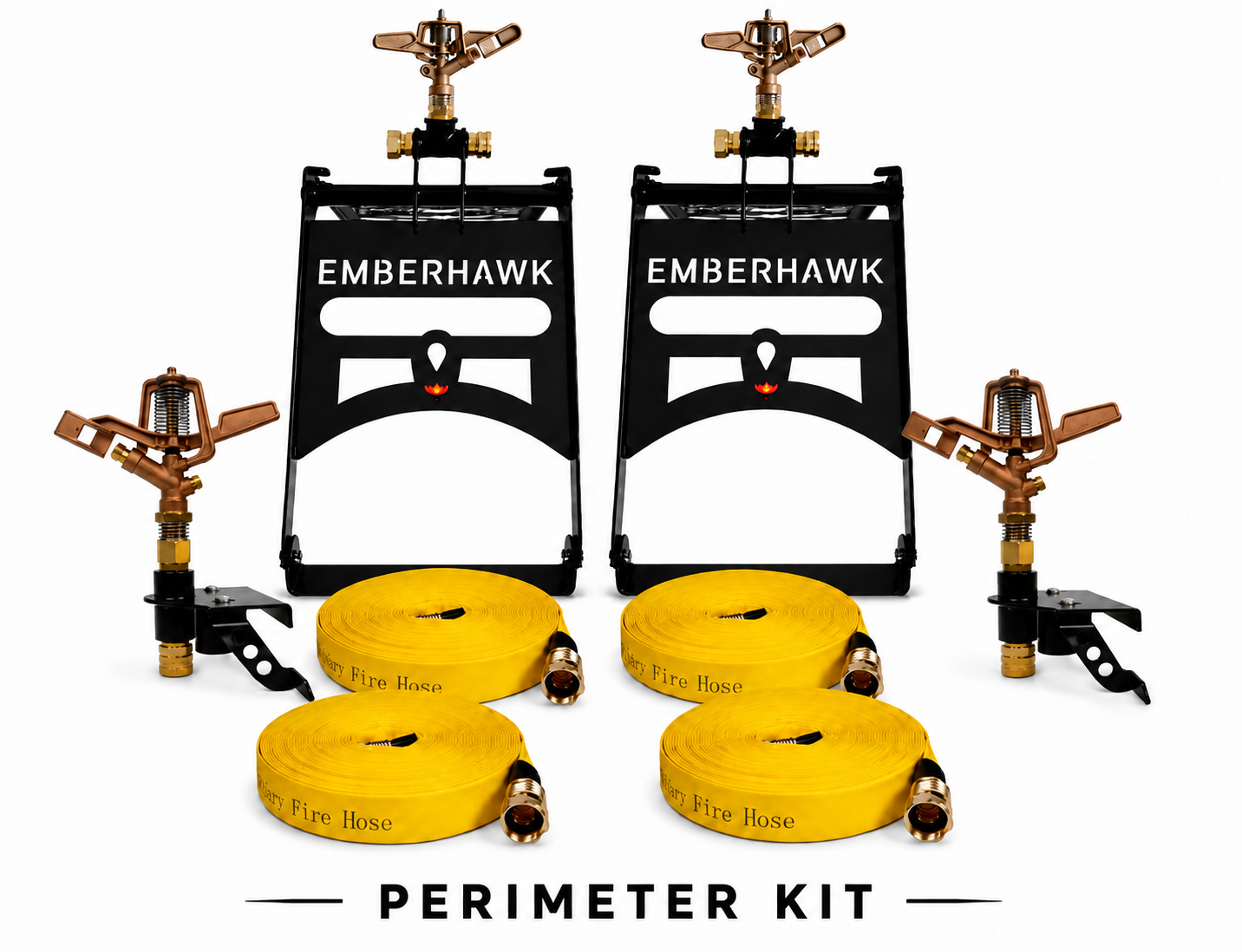 EmberHawk Perimeter Kit — two roof sprinklers on black EmberHawk brackets, two gutter-mounted sprinklers, and four coiled yellow fire hoses