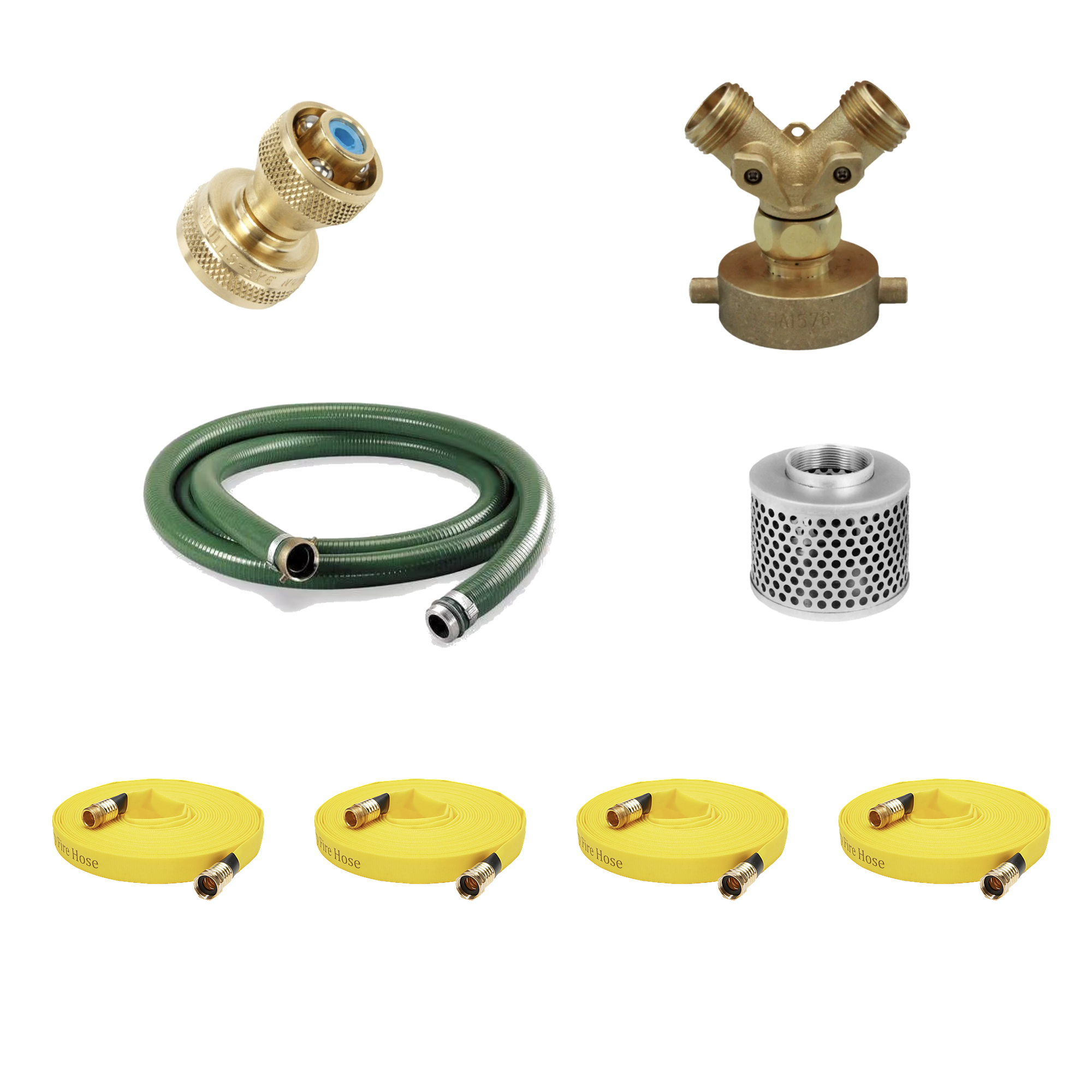 Independent Pump Kit contents: brass quick-connect coupling, brass dual-outlet splitter, green suction hose, intake strainer, and four coiled yellow lay-flat fire hoses