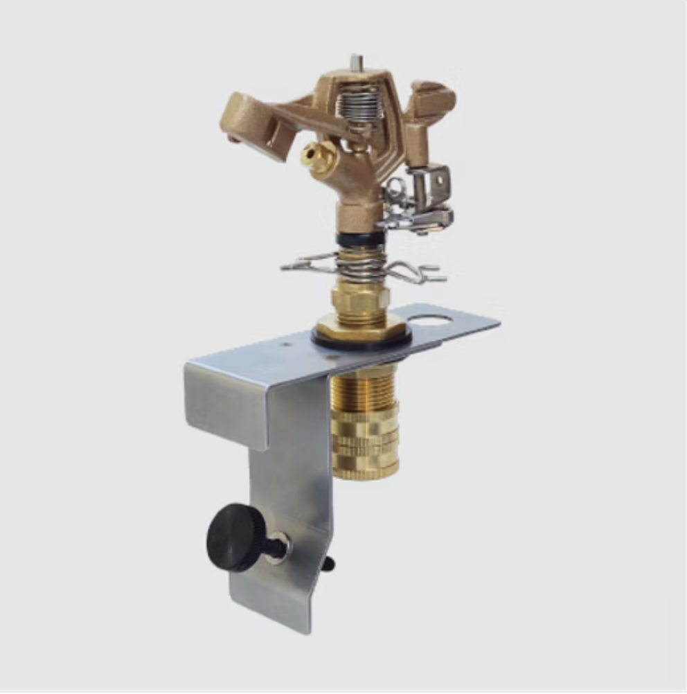 EmberHawk gutter-mounted sprinkler with a solid brass impact head on a steel gutter bracket