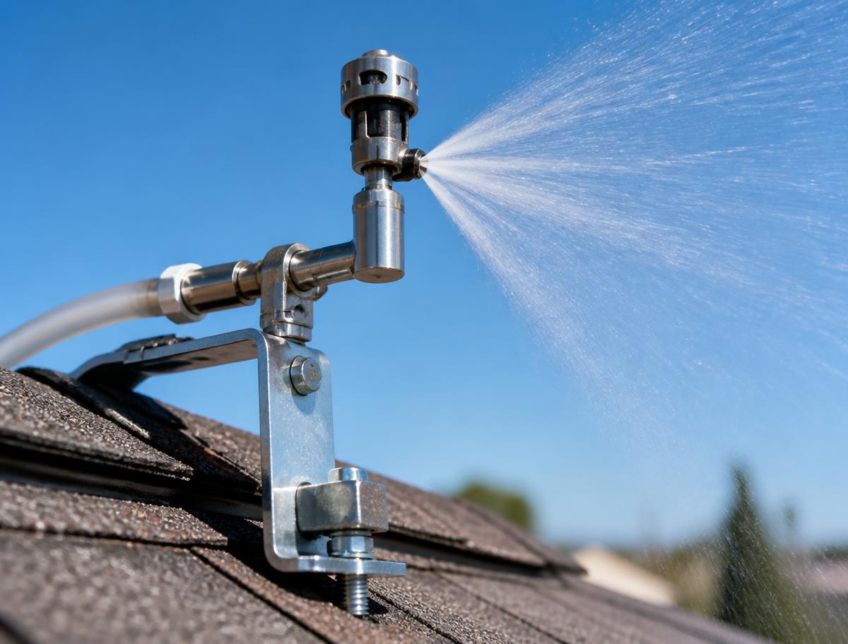 Stainless sprinkler head clamped to a roof ridge spraying a fine water fan